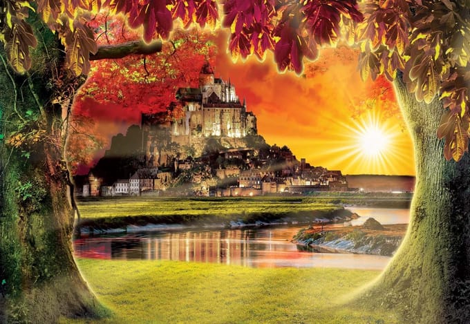 Fotobehang Mont St Michel Sunset | PANORAMIC - 250cm x 104cm | 130g/m2 Vlies