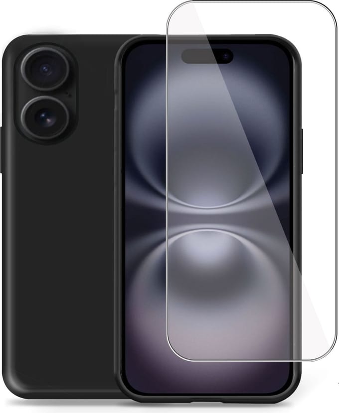 Hoesje + Screenprotector geschikt voor Apple iPhone 16 Plus – Tempered Glass - Liquid Back Case Cover Zwart
