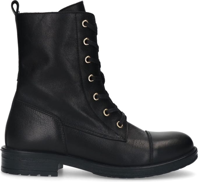 Manfield - Dames - Zwarte leren veterlaarsjes - Maat 36