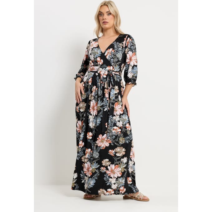 Yours Zwarte Wikkeljurk Met Bloemenprint En Vhals Size 48