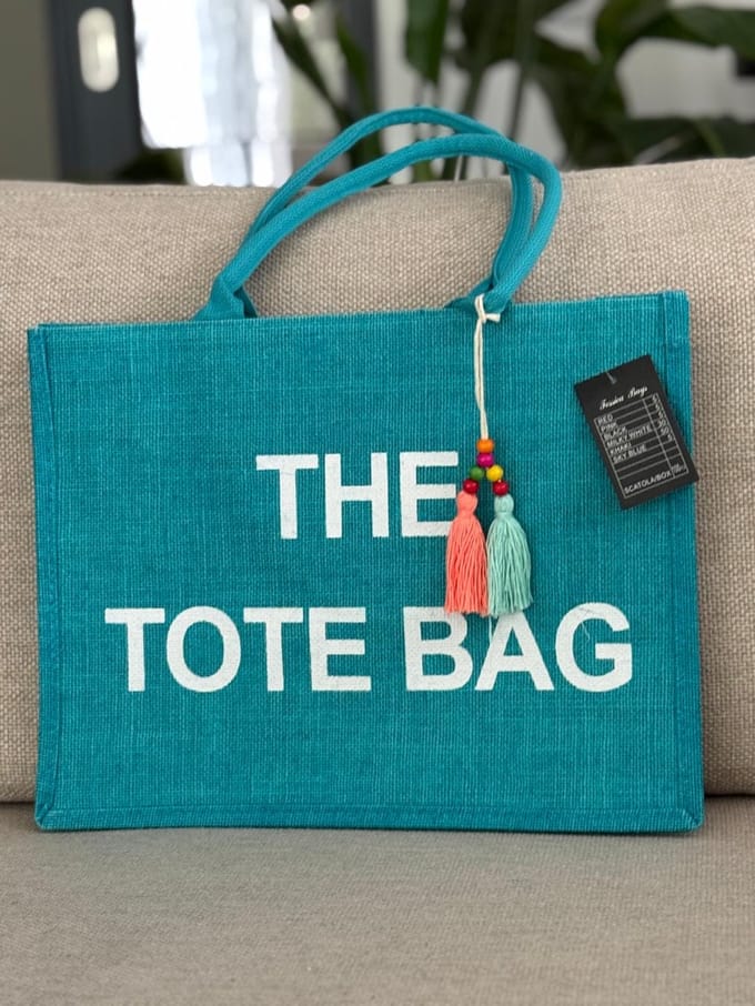 Damestas - The Tote Bag - Linnen - Petrol met witte letters - Extra Flos - 42 x 32 cm.