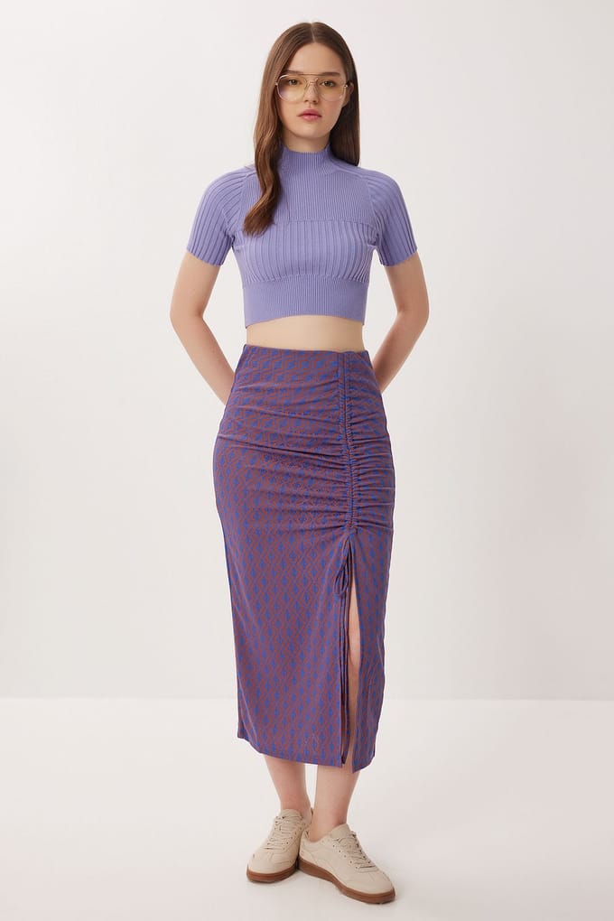 Hoge taille geometrische print midi bodycon rok met split