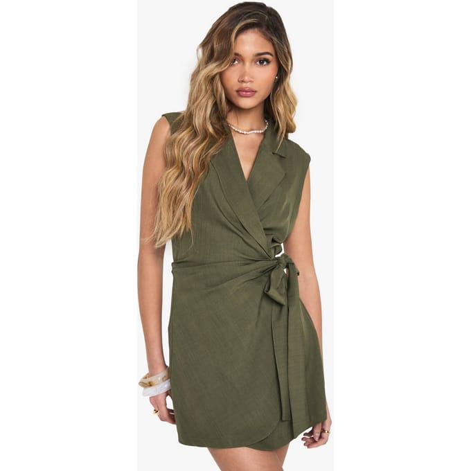 boohoo Dames Linnenlook wikkel-drape voorkant mouwloze blazerjurk | Khaki | Maat: 6