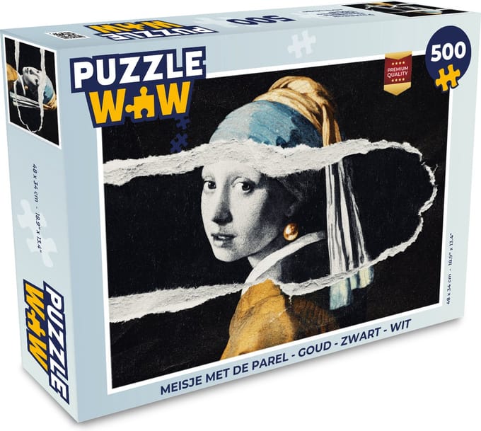 Puzzel Meisje met de parel - Goud - Zwart - Wit - Legpuzzel - Puzzel 500 stukjes