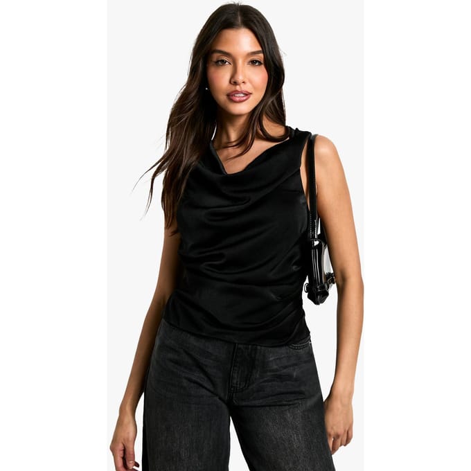 boohoo Dames Satijn Cowl Geruimde Mouwloze Blouse | Black | Maat: 10