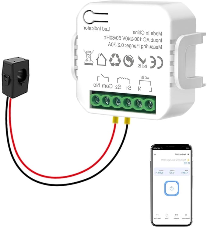 Slimme Energiemeter - Stroommeter Tracker - Energieverbruik Monitoren - Real-time Meting - 70 A - Zwart