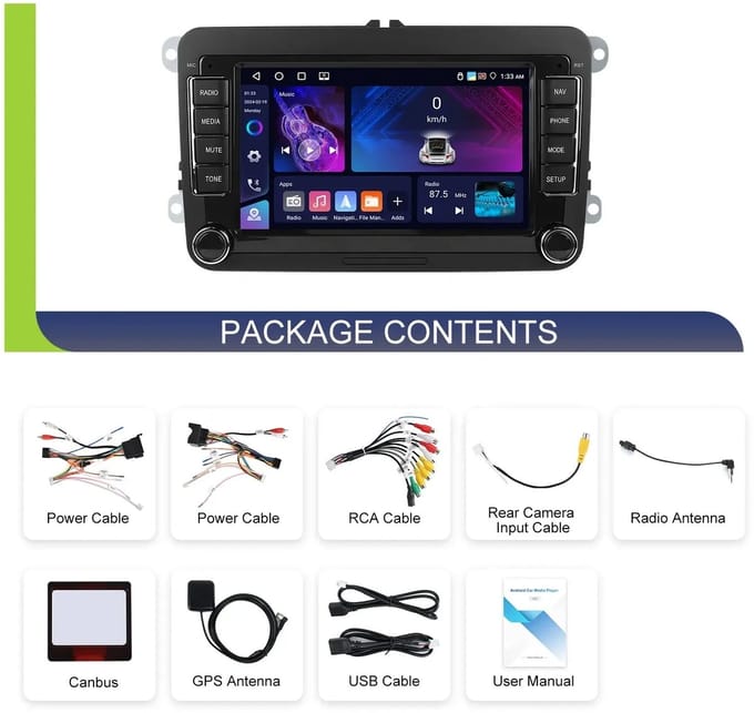 Auto Multimedia Speler - Podofo - 1GB - 16GB - Android 10 - MP5 - Wifi - Zwart