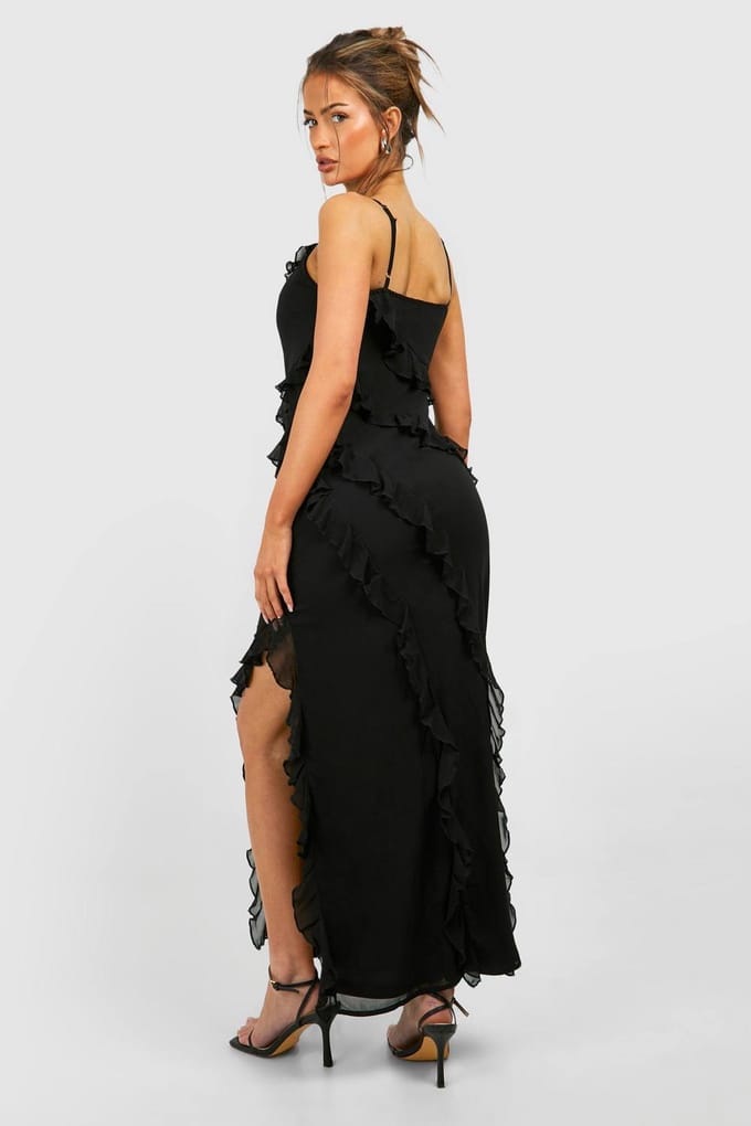 boohoo Dames Chiffon Ruffle Maxi Slip Jurk | Zwart | Maat: 38