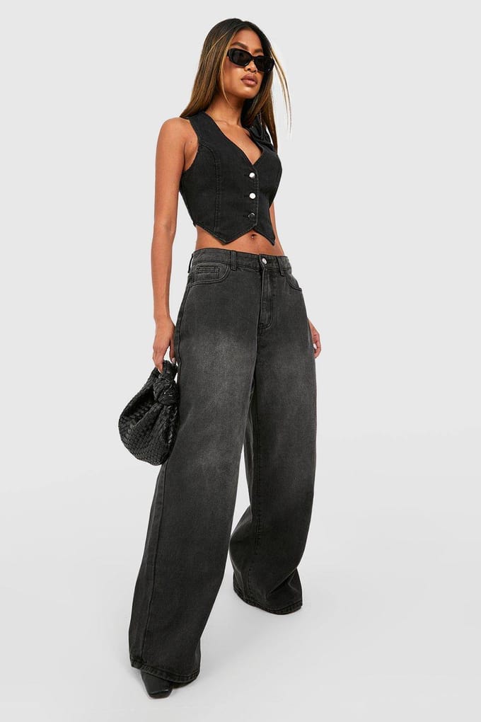 boohoo Dames High Waist Wide Leg Jeans | Washed Black | Maat: 38