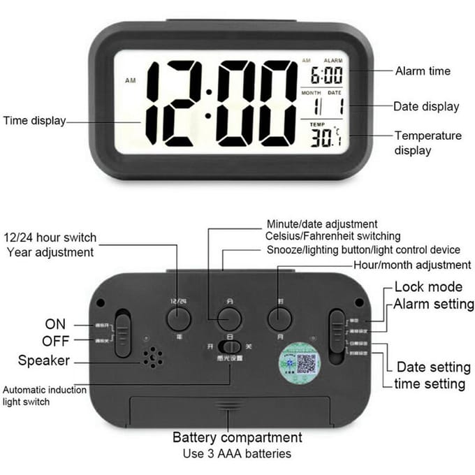 Réveil numérique intelligent avec bouton Snooze de date et de température sur le dessus rectangulaire à piles blanc