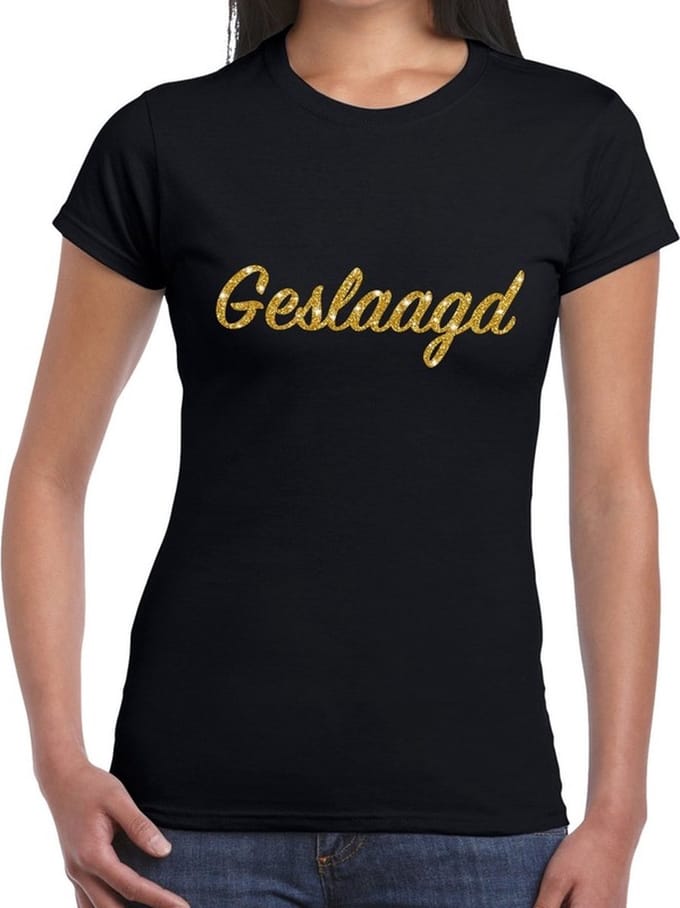Geslaagd gouden glitter tekst t-shirt zwart dames - dames shirt geslaagd - geslaagd / afgestudeerd kleding M