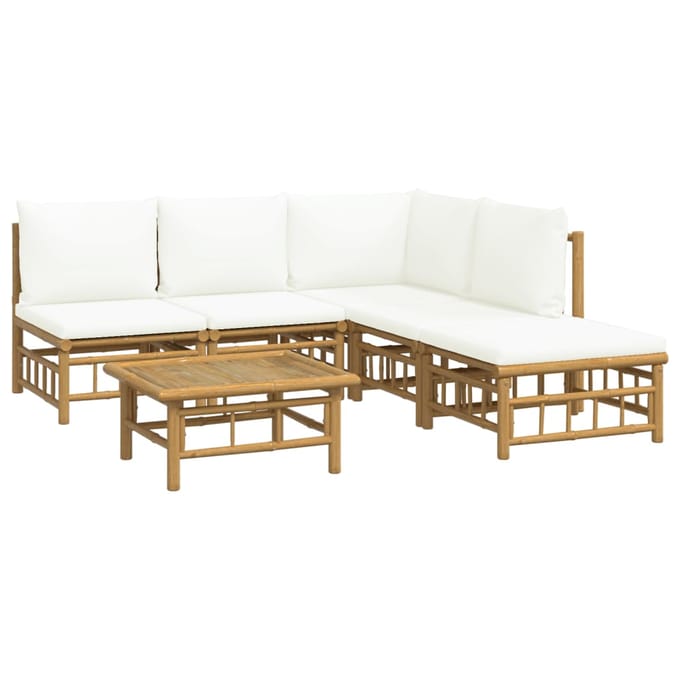 vidaXL - 6-delige - Loungeset - met - kussens - bamboe - crèmewit