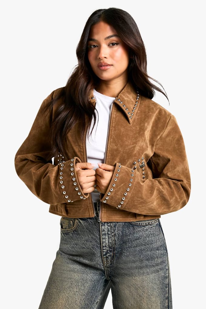 boohoo Dames Petite Stud Detail Faux Suede Jacket | Tan | Maat: 36
