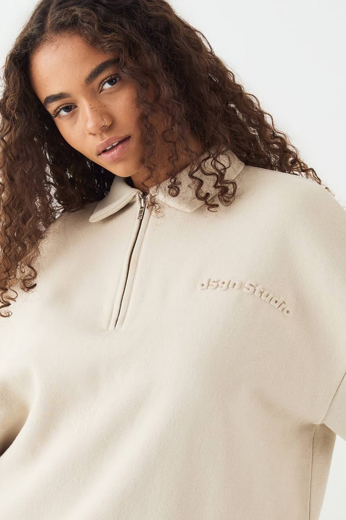Dames DSGN Studio Relief Kraag Half Rits Sweatshirt | Stone | Maat: 3XL