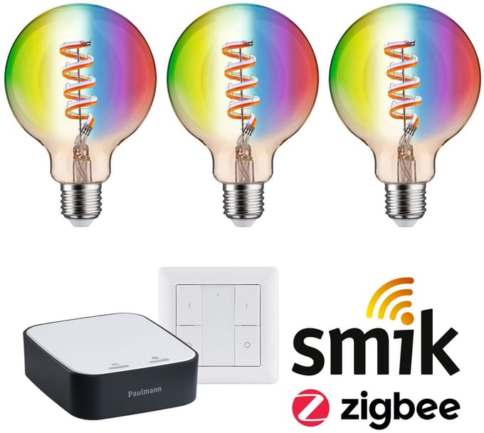 Paulmann Zigbee 3.0 Smart Home Startset Smik Gateway + Wandschakelaar + 3x Filament Globe G95 LED Lamp E27 RGBW - 2200K-6500K - Goud - Dimbaar