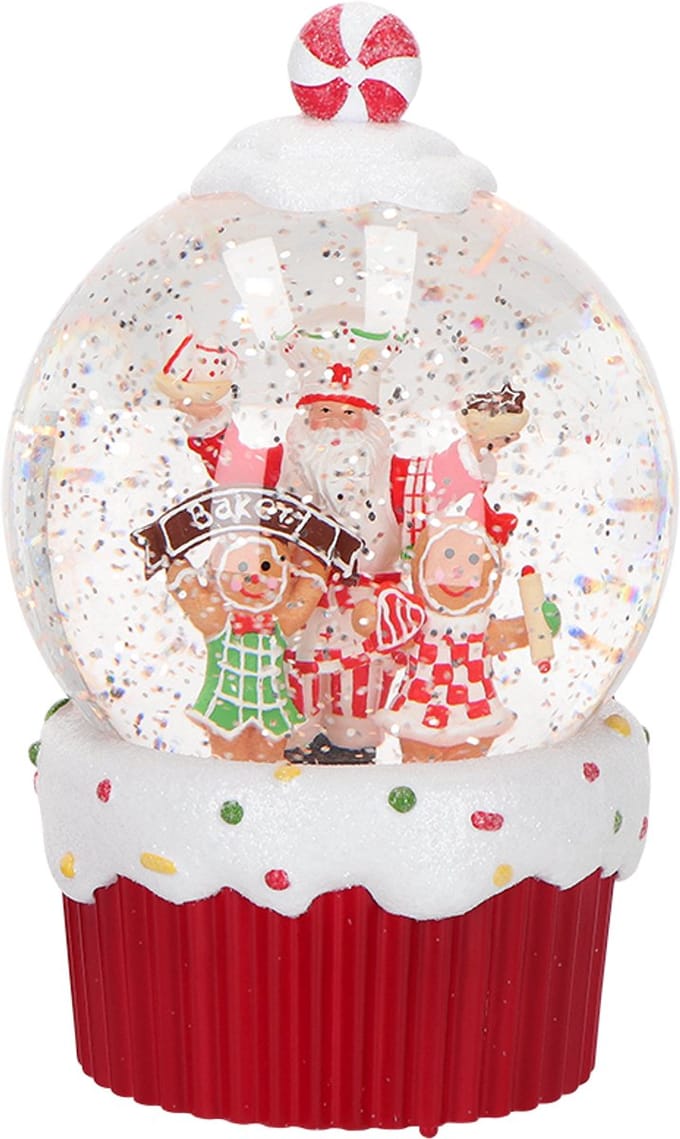 Viv! Christmas Kerst Sneeuwbol incl. LED - Santa's Bakery met Gingerbread Bakkers - automatisch - rood wit - 19cm