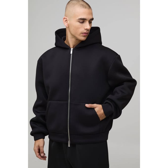 Oversized Boxy Bonded Scuba Zip Through Hoodie | Black | Size Large
