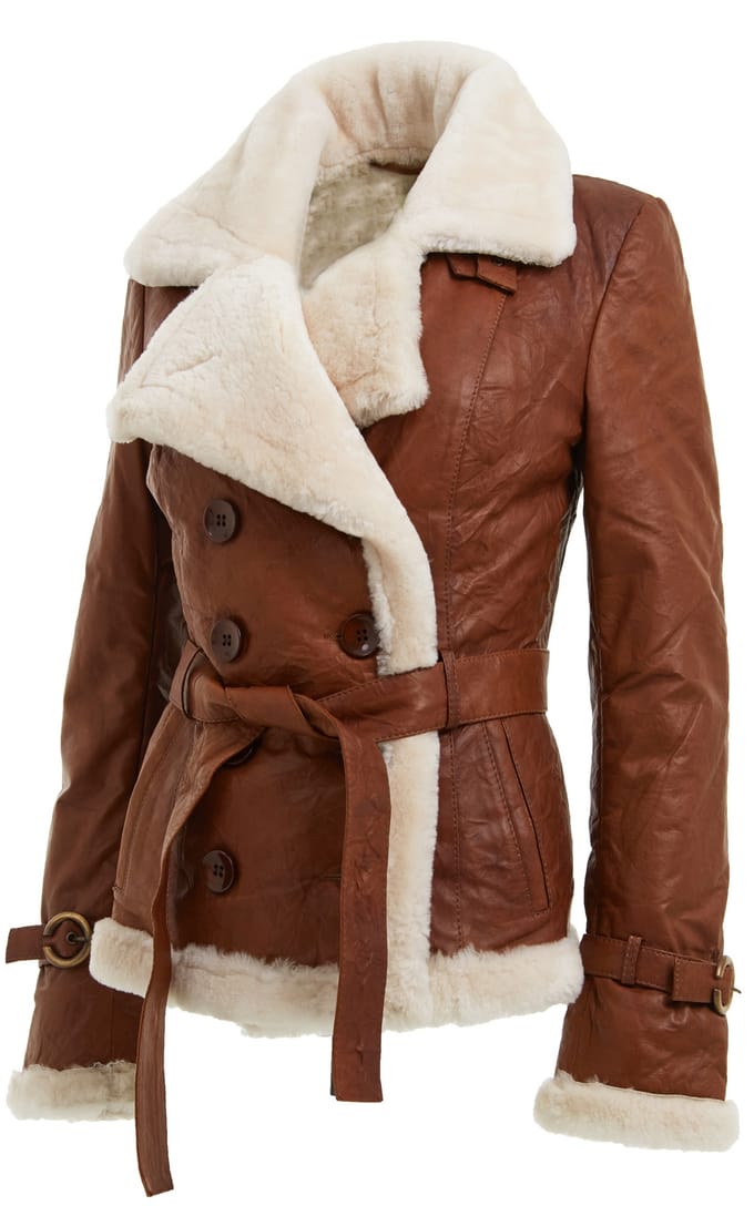 Dames Tan Double Breasted schapenvacht pilotenjack-Leshan