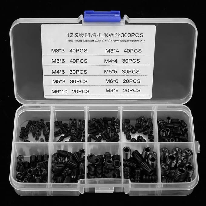 Set van 300 inbusbouten (M3, M4, M5, M6, M8) met doos.