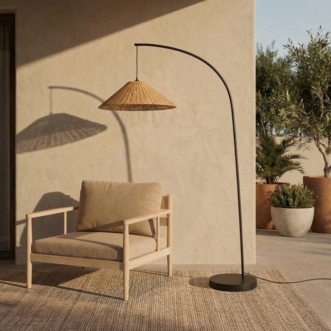 Lucande buiten vloerlamp Taniola, conisch, rotan, 195 cm, IP44