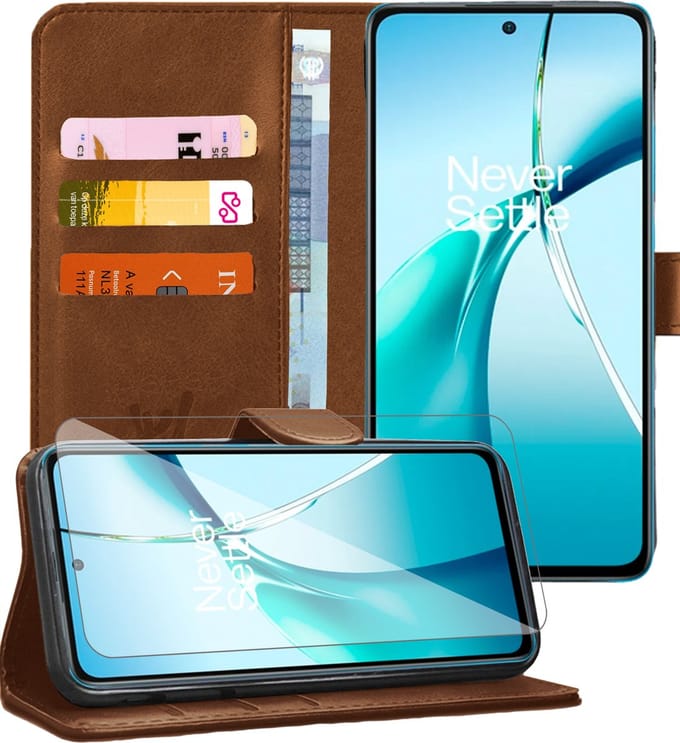 Hoesje geschikt voor OnePlus Nord CE 4 Lite - Screenprotector Glas - Portemonnee Book Case Bruin