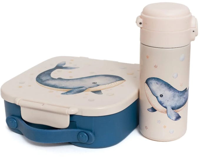 Bundel Petit Monkey Back to School set Whale - Bentobox + Thermofles - Blauw