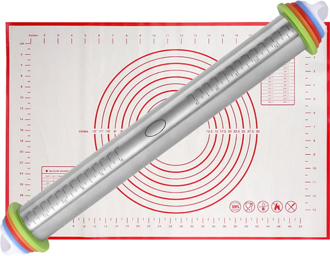 Somstyle Antikleef Deegroller met XL Deegmat - 60 x 40 CM - Rolstok Verstelbaar - RVS - Siliconen Bakmat - Multicolor