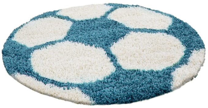 Vloerkleed kinderkamer - Voetbal - turquoise, wit - rond 120 cm