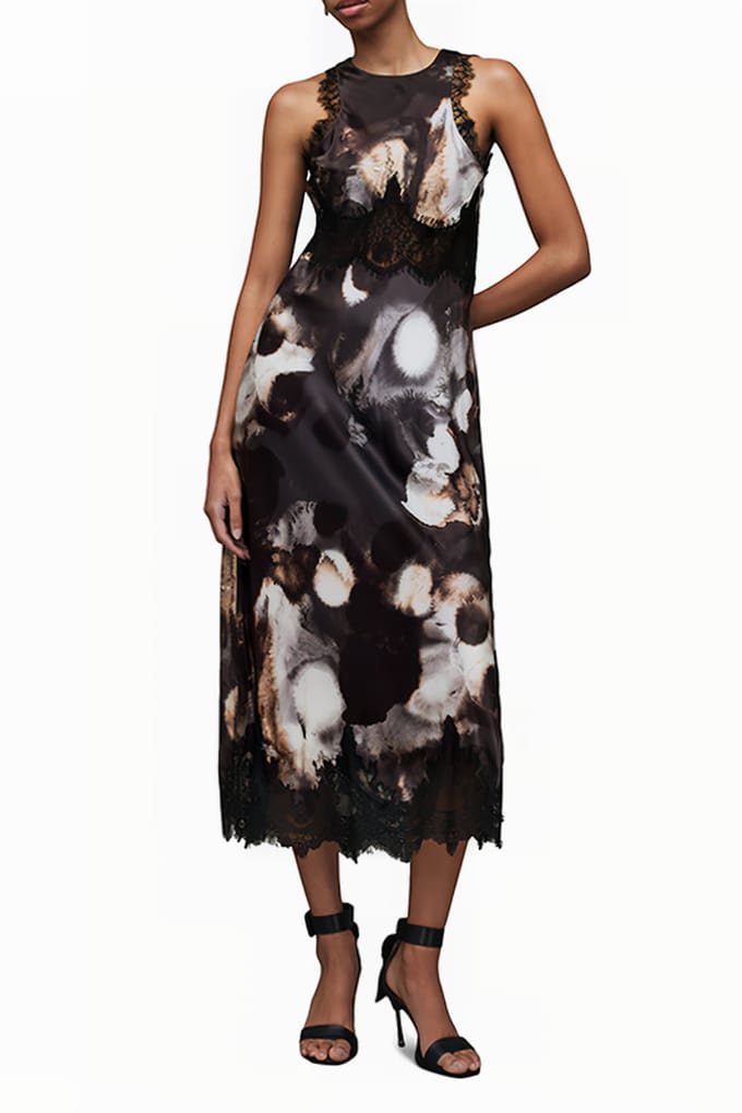 AllSaints Alula Mars Dress Dark Grey Maat: 34 | Midi Jurken Outlet | Dames | Grijs