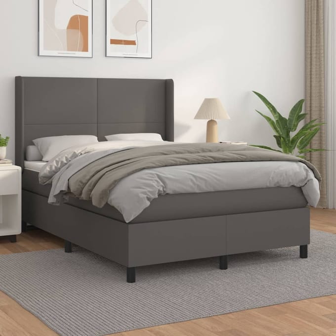vidaXL - Boxspring - met - matras - kunstleer - grijs - 140x190 - cm