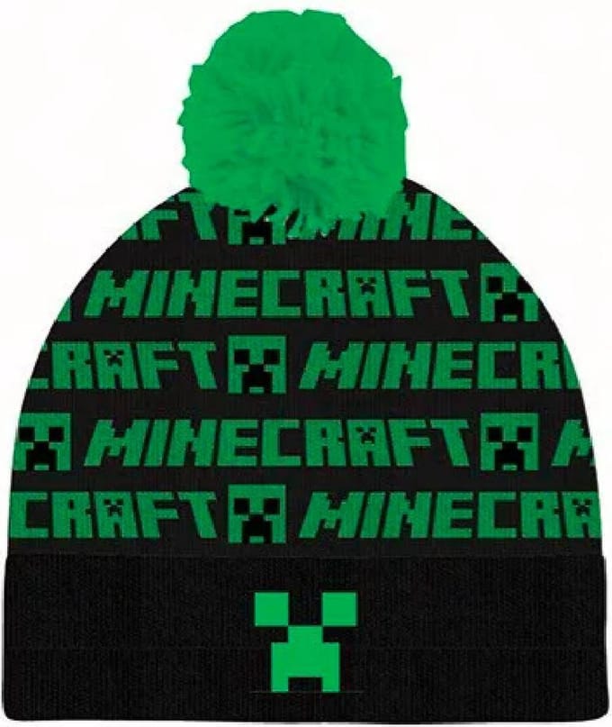 Minecraft  Pompom Beanie muts Creeper - zwart - groen - Maat 52 cm