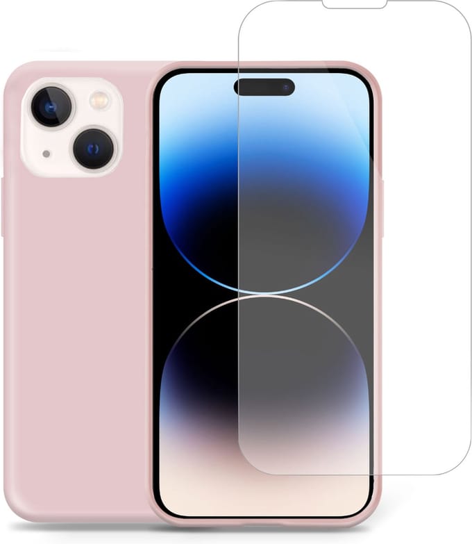 Geschikt voor iPhone 14 Pro Max Hoesje + Screenprotector – Gehard Glas Cover - Suède Case Rose