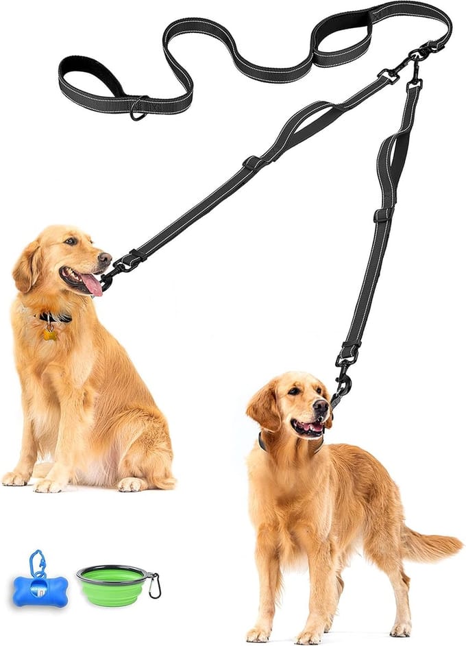 Dubbele hondenriem met comfortabele handgrepen en reflecterende eigenschappen voor 2 honden