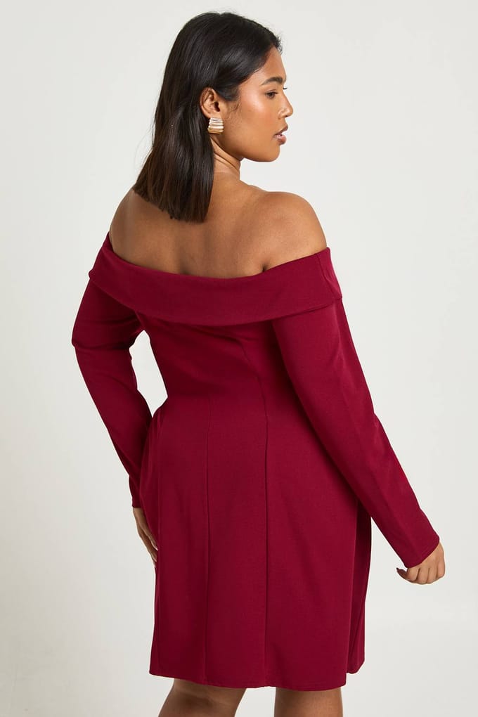 boohoo Dames Plus Bardot Wijde Rok Mini Jurk | Bordeaux Rood | Maat: 48