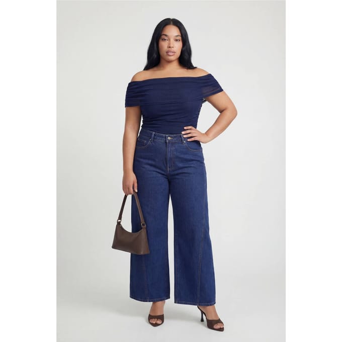 boohoo Dames Plus Mesh Bardot Gerimpelde Top | Marineblauw | Maat: 44