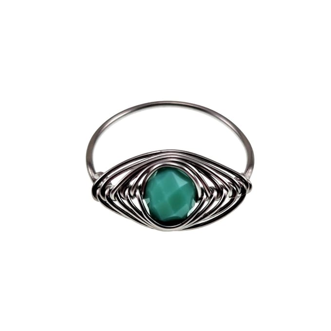 Ring Dames - RVS Zilverkleur - esde2 Ring - Visgraat Ring met Ondoorzichtig Groene Kristallen - Handgemaakt
