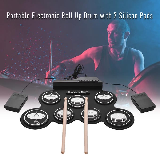 Compact formaat USB Roll-Up Silicon Drum Set Digitaal elektronisch drumstel 7 drumpads met drumstokken Voetpedalen voor beginners black