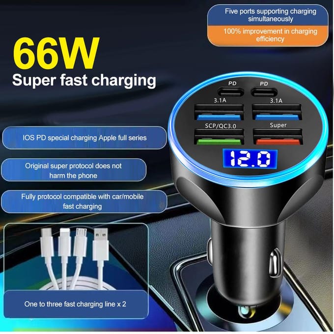 6 poorten USB-autolader 4 USB + 2 PD snel opladen PD QC3.0 USB C autotelefoonoplader Type C-adapter voor iPhone Samsung Huawei met spanningsweergave wit