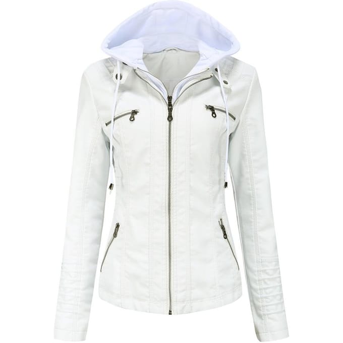Leren Jas met Capuchon Leren Jas Dames Lente- en Herfstjas Dames PU Gewassen Leer L white