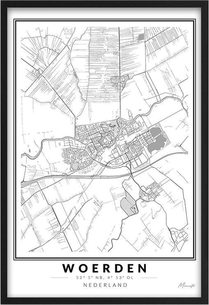 Poster Stad Woerden - A3 - 30 x 40 cm - Inclusief lijst (Zwart MDF)