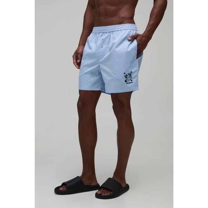 Ontspannen Katoenen Short In Boxerstijl Met Borduursel | Blue | Size Medium