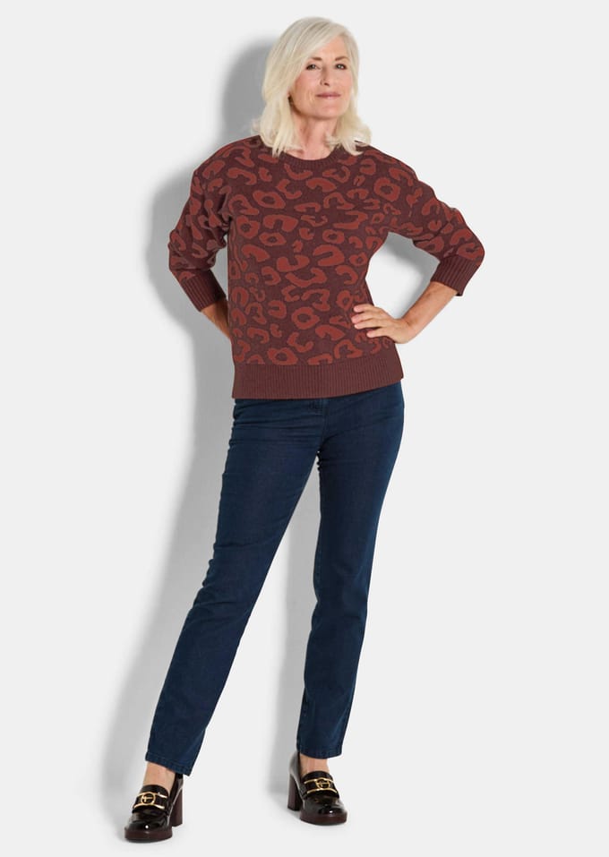 Pullover met luipaardmotief - bordeaux / gedess. - Gr. 42 van Goldner Fashion