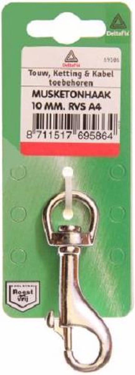 Musketonhaak. ronde wervel. RVS-A4. 3/8 x 10 mm.Deltafix. Sleutelhanger.