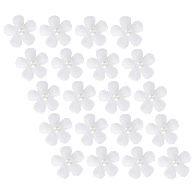200 Pièces Fleurs Fait Main Blanches Cinq Pétales Perle Strass DIY Accessoires Cheveux Artificiels white