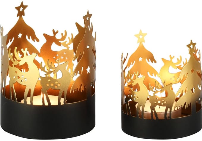 Dekoratief | Set 2 windlichten 'Reindeer with Stars', metaal, 12x12x16cm | A258189