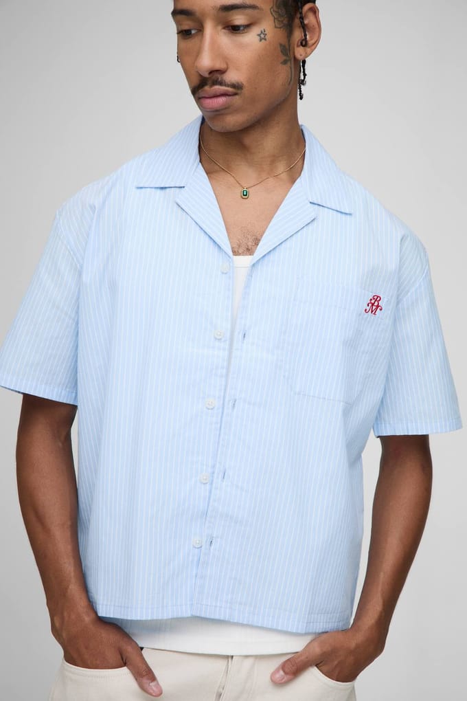 Oversized Boxy Revere Lake Como Geborduurde Streep-shirt | Blue | Size Medium