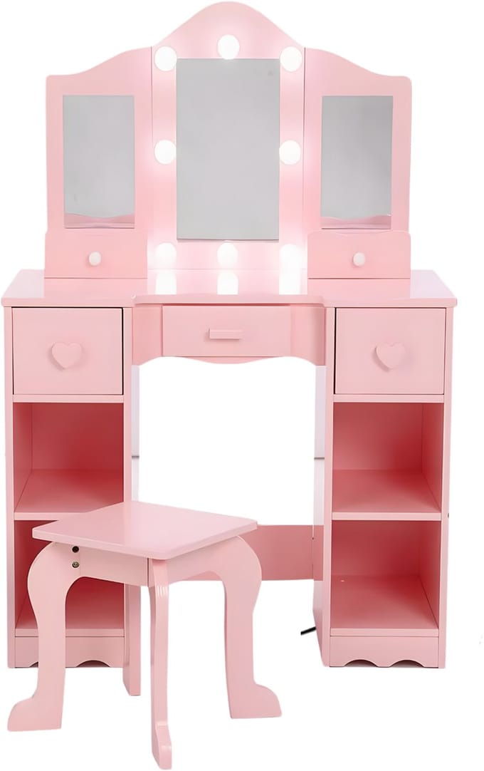 Kinderkaptafel met Spiegel & Stoel - Meisjes Make-up Tafel - Roze
