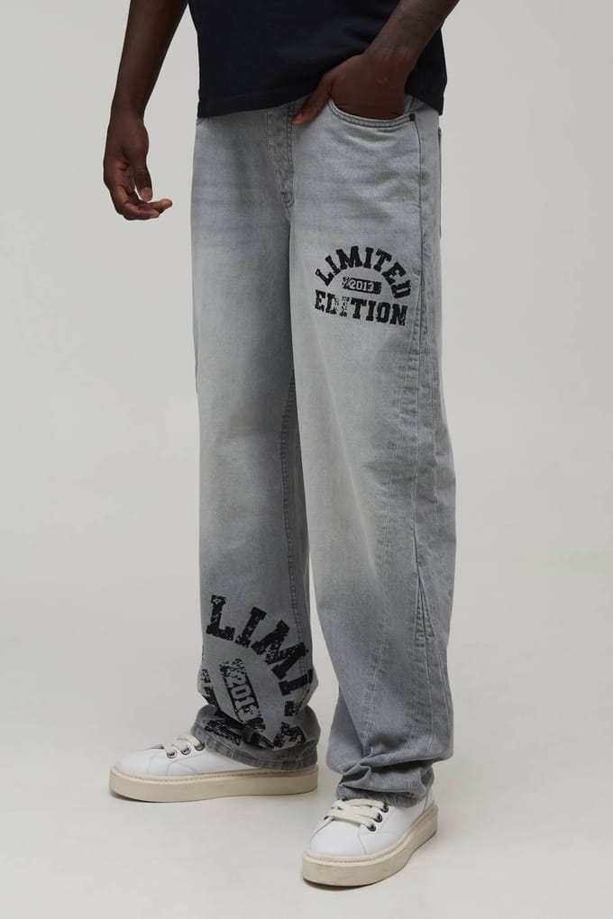Relaxed Jeans Met Varsity Print En Contrast | Ice Grey | Size 36