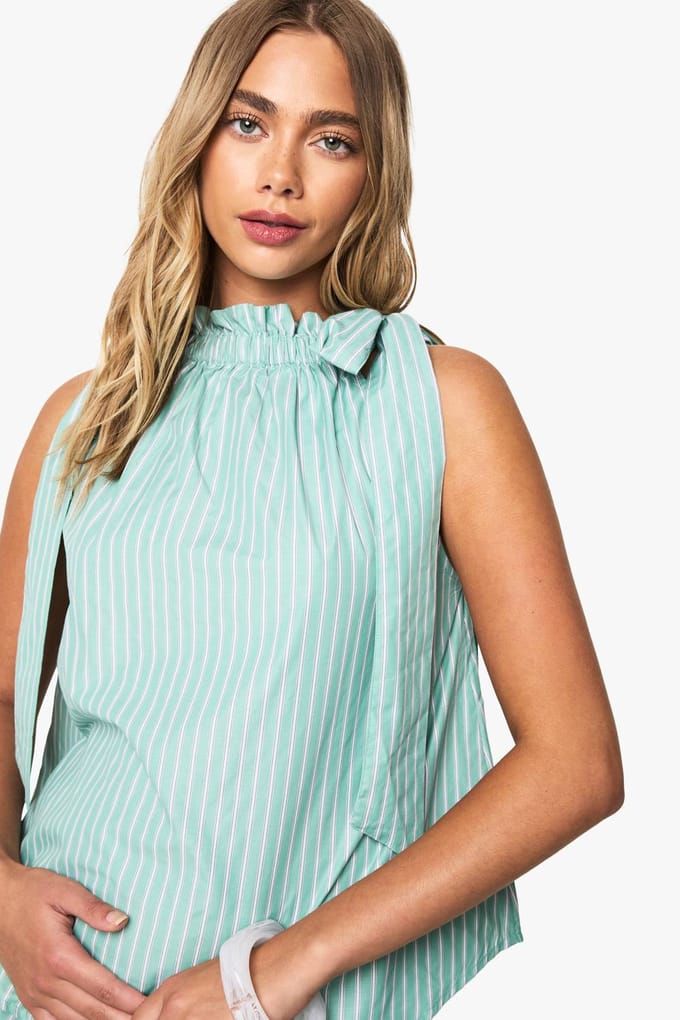 boohoo Dames Stripe Tie Neck Smock Top | Mint | Maat: 6