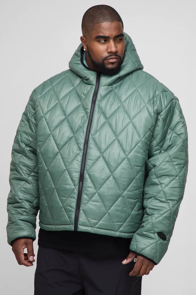 Plus Oversized Boxy High Shine Quilted Hooded Funnel Puffer Jacket | Khaki | Size 3XL